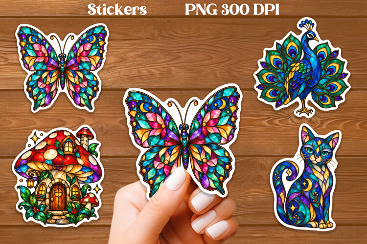 Stained Glass Butterfly Stickers PNG | Fantasy Animal example image 1