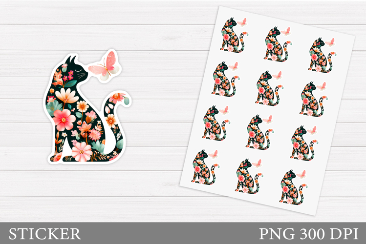 Floral Cat Sticker Design. Summer Cat Sticker Printable