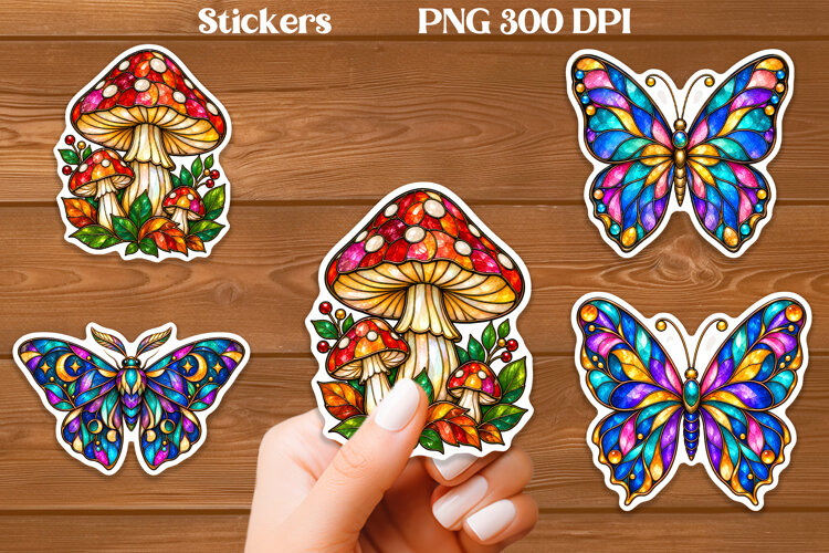 Stained Glass Mushroom Butterfly Stickers PNG example image 1