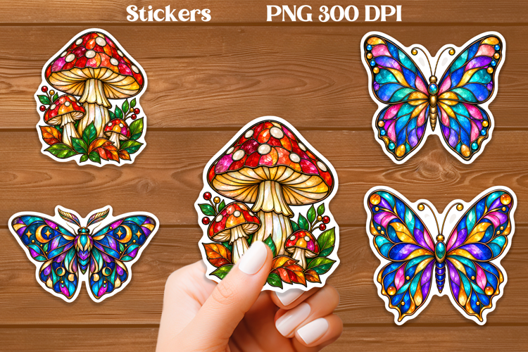 Stained Glass Mushroom Butterfly Stickers PNG