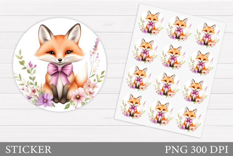 Cute Fox Sticker Design. Fox Flowers Sticker Printable