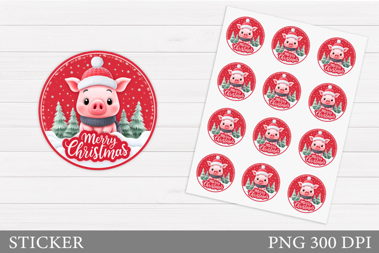 Christmas Pig Sticker Design. Christmas Sticker Printable