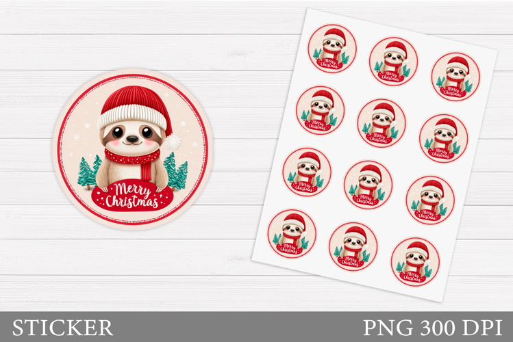 Christmas Sloth Sticker Design. Christmas Sticker Printable