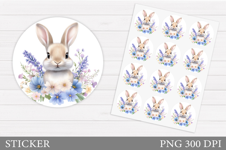Cute Bunny Sticker Design. Bunny Flowers Sticker Printable