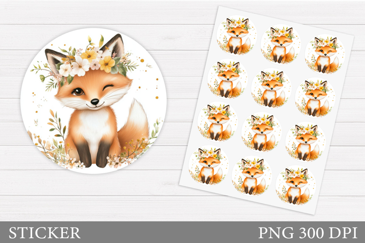 Cute Fox Sticker Design. Fox Flowers Sticker Printable