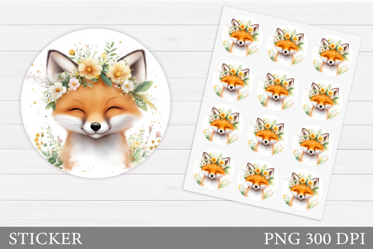 Cute Fox Sticker Design. Fox Flowers Sticker Printable