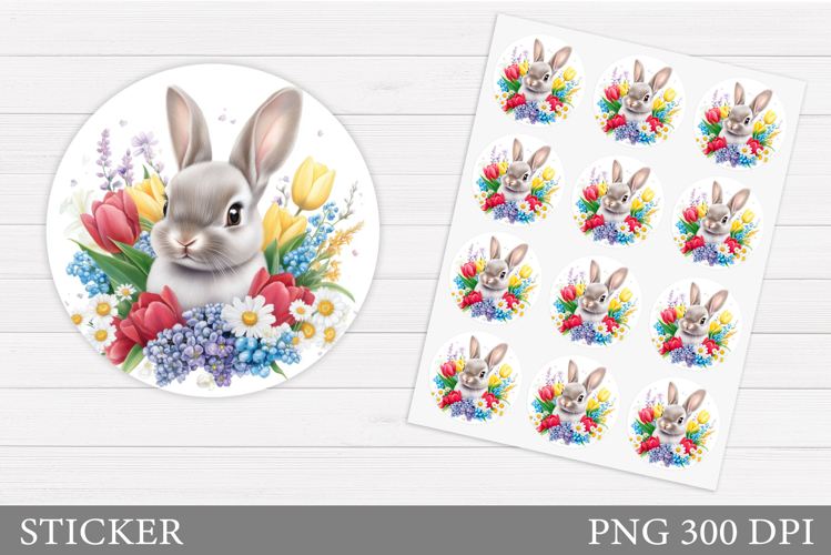 Cute Bunny Sticker Design. Bunny Flowers Sticker Printable