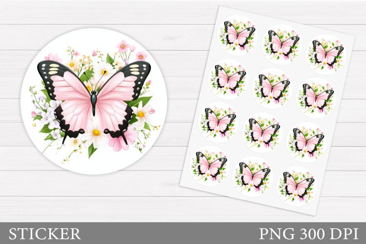 Butterfly Sticker Design. Flowers Sticker Template