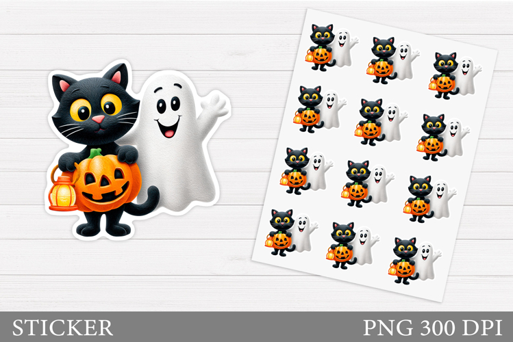 Cute Ghost Sticker Design. Black Cat Sticker Printable example image 1