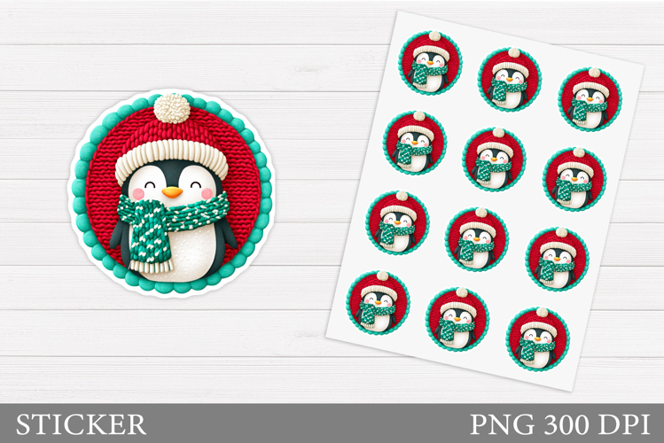 Crochet Penguin Sticker Design. Christmas Sticker Printable