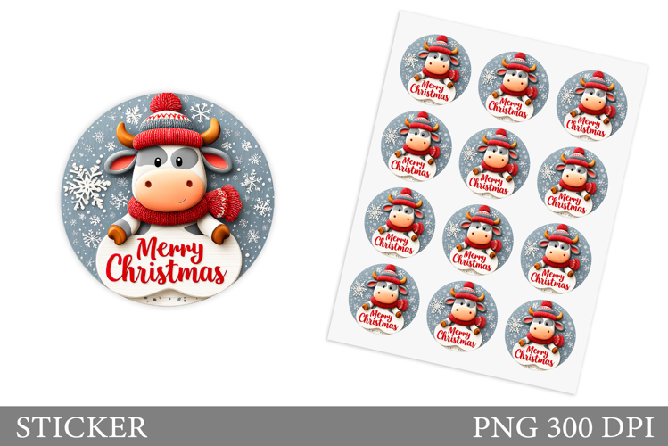 Christmas Cow Sticker Design. Christmas Sticker Printable