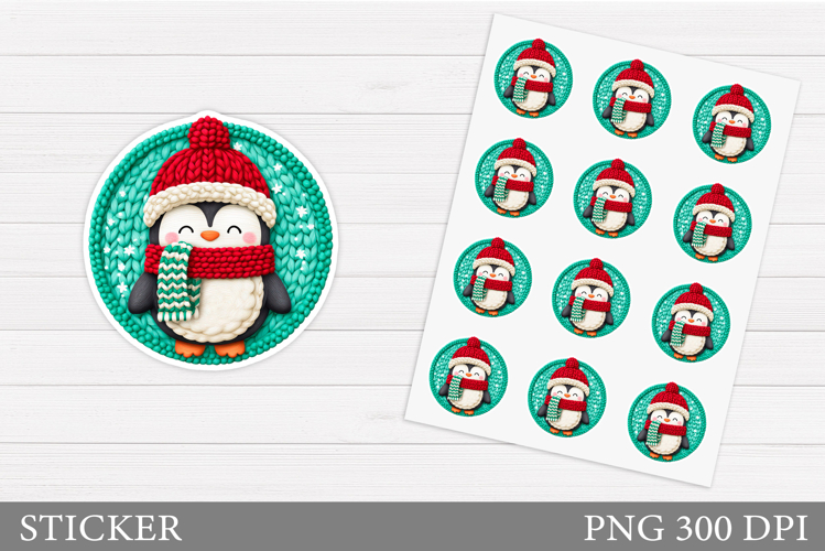 Crochet Penguin Sticker Design. Christmas Sticker Printable