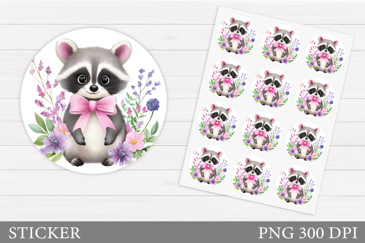Cute Raccoon Sticker. Raccoon Flowers Sticker Printable