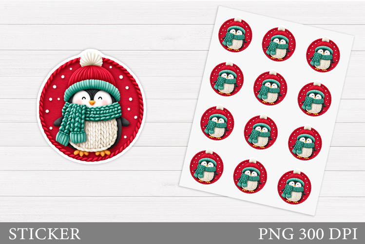 Crochet Penguin Sticker Design. Christmas Sticker Printable