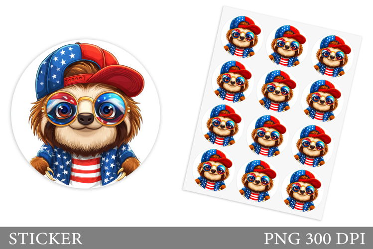 Patriotic Sloth Sticker Design. Patriotic Sticker Printable