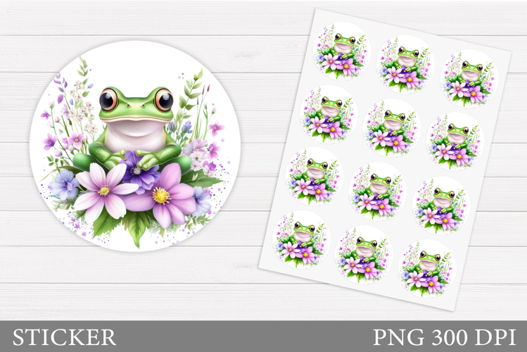 Cute Frog Sticker Design. Frog Flowers Sticker Printable
