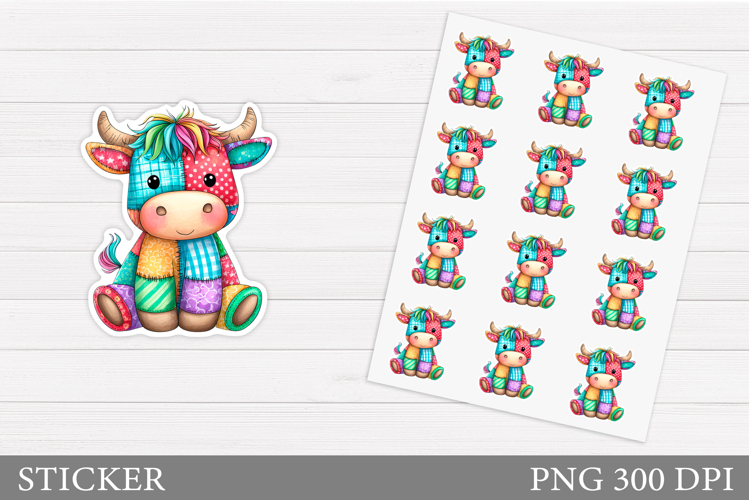 Patchwork Cow Sticker Design. Christmas Sticker Printable