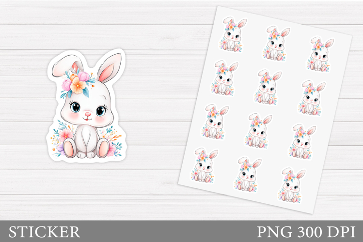 Cute Bunny Sticker Design. Bunny Flowers Sticker Printable
