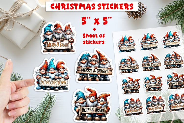 Christmas stickers, cute gnomes best friends Merry and brigh