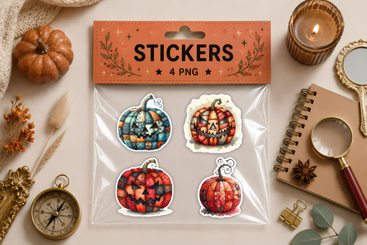 Cute Halloween Patchwork Pumpkin Stickers Printable PNG