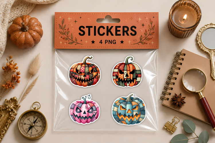 Spooky Halloween Patchwork Pumpkin Stickers PNG