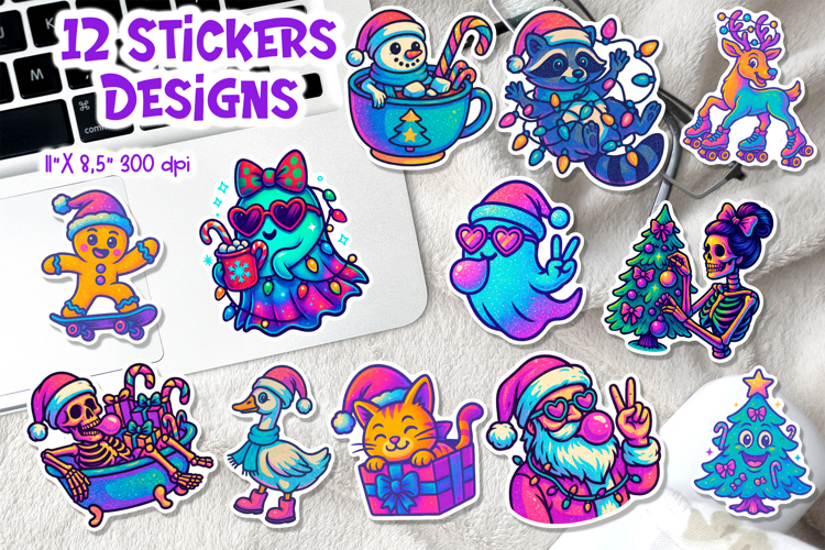 Christmas Iridescent Neon Sticker Sheet | Funny Holiday PNG