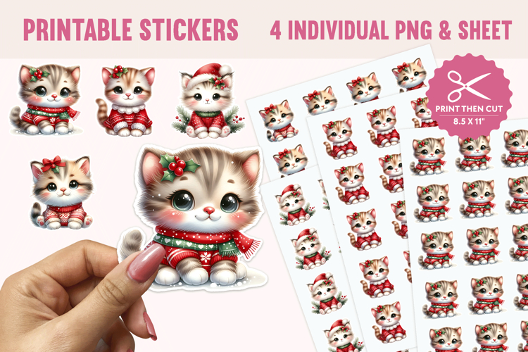 Christmas Kitten Stickers 4 PNGs