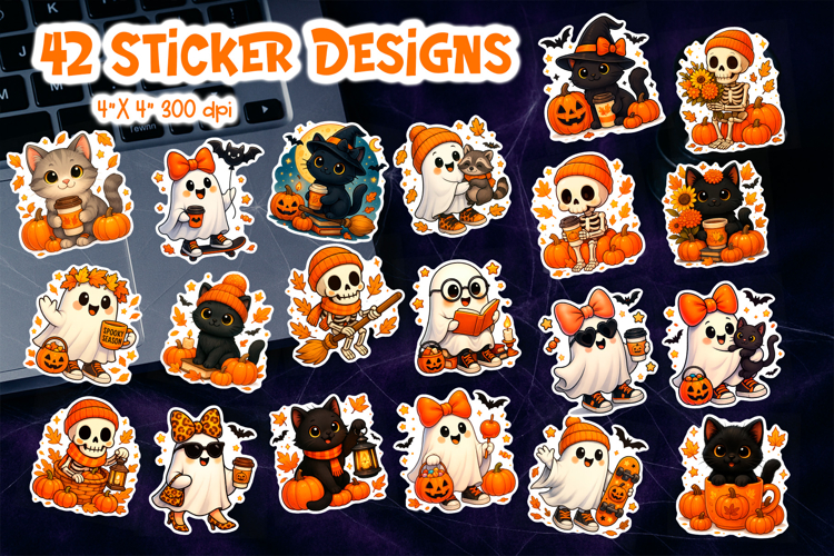 Cute Halloween Sticker Bundle | Ghost Cat Skeleton PNG