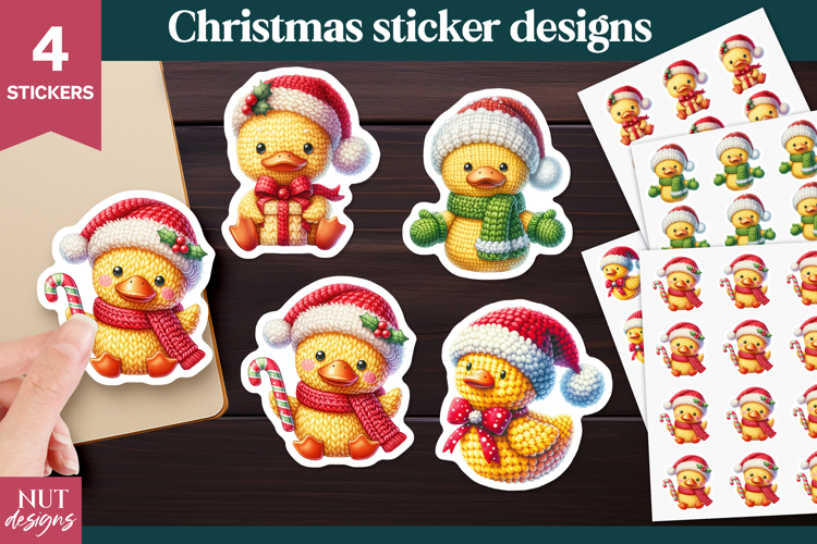 Crochet Christmas stickers Knitted Christmas Duck Stickers