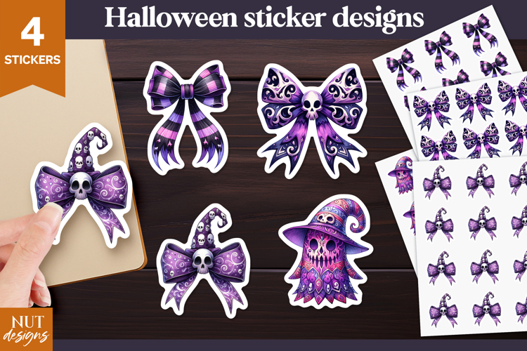 Gothic Halloween Sticker Purple Halloween bow & witch