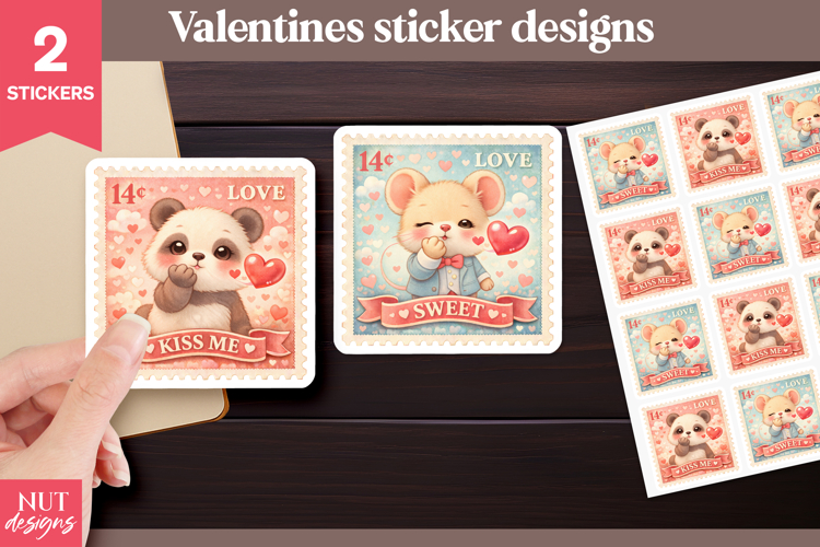 Kissing animals Valentine Stickers Post Stamp Panda & Mouse