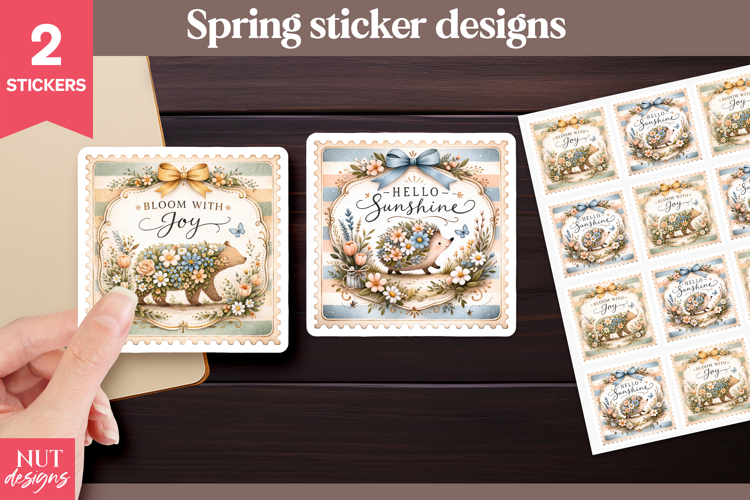 Spring stickers, Floral Hedgehog, Bear, spring quote