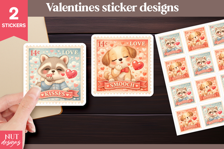 Kissing animals Valentine Stickers Post Stamp Raccoon Puppy