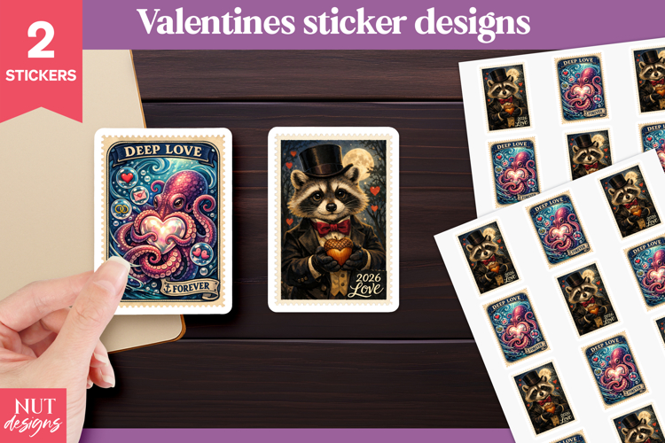 Post Stamp Valentine Stickers Octopus Retro Raccoon