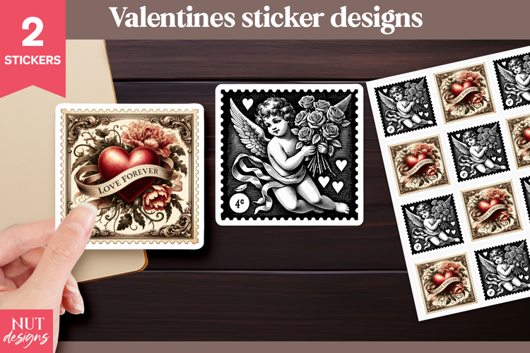 Vintage Valentine Stickers Love Post Stamp Cupid Heart