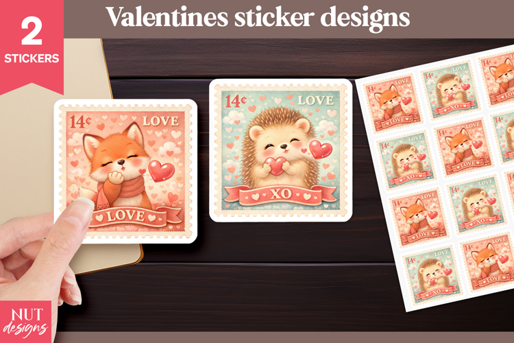 Kissing animals Valentine Stickers Post Stamp Fox Hedgehog