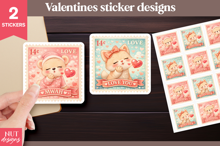 Kissing animals Valentine Stickers Stamp Stickers Cat Bear