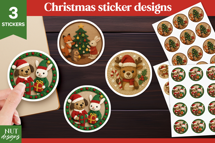 Christmas stickers png. Crochet Christmas Animal Stickers