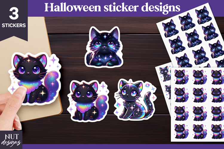 Vibrant Halloween stickers Iridescent Witchy Black Cat