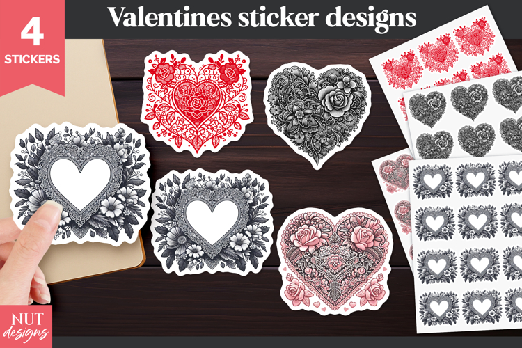 Romantic Valentine stickers, Lace Floral Heart Stickers