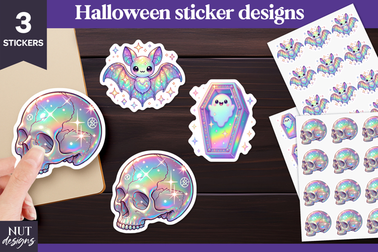 Vibrant Halloween stickers Iridescent Holographic Skull Bat