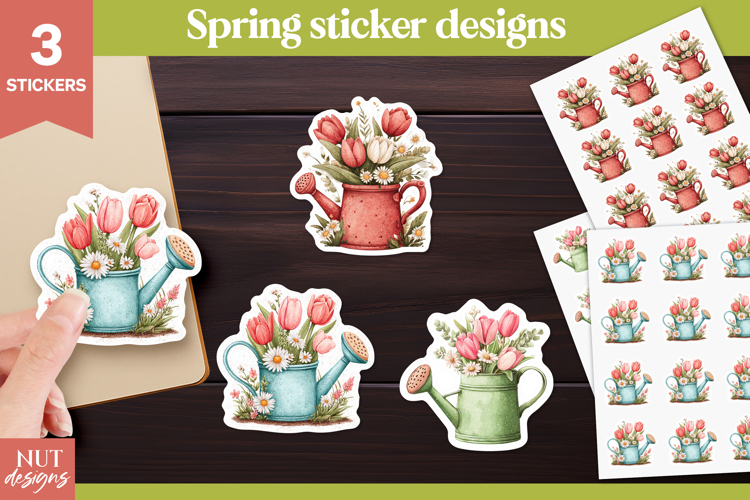 Spring stickers, Spring Watering Can with flowers Stickers