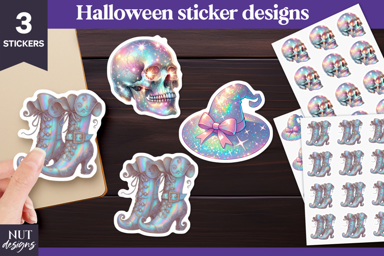 Vibrant Halloween stickers Iridescent Holographic Skull Hat