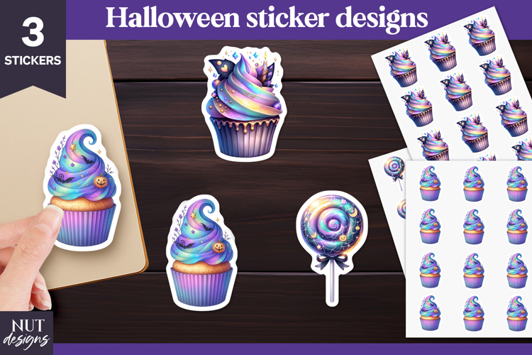Vibrant Halloween stickers Iridescent Holographic cake png