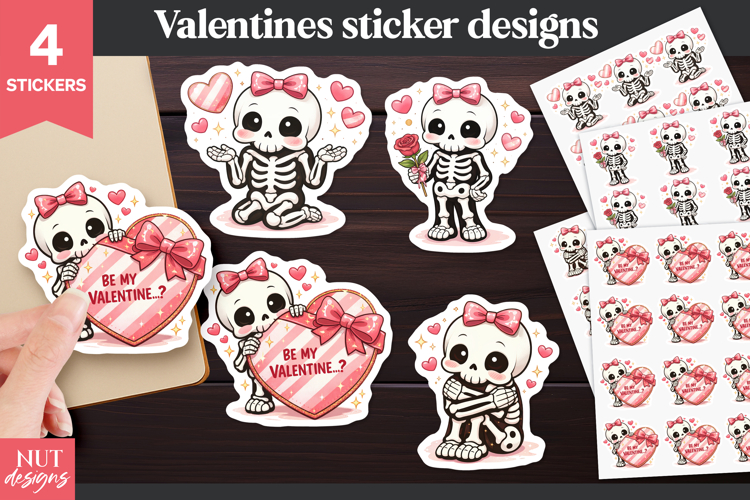 Valentine stickers, Funny Skeleton Girl in love sticker