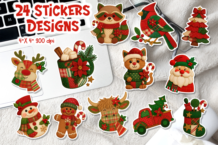Patchwork Christmas Stickers Bundle | Cute Sticker Printable
