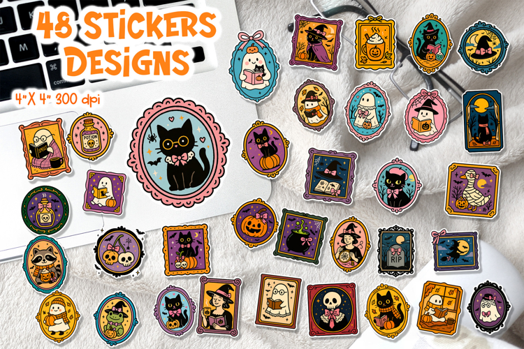 Halloween Vintage Frame Sticker Bundle | 48 Coquette Clipart