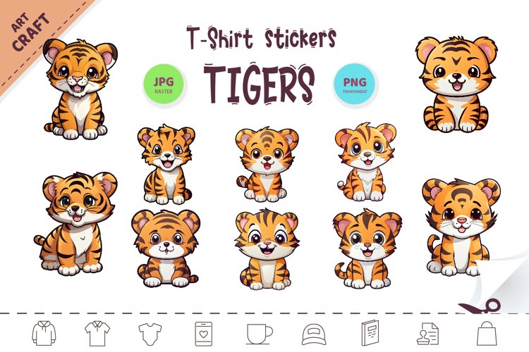Bundle Stickers Cute tiger. Clipart. example image 1