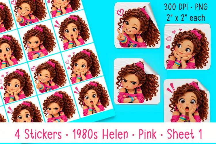 1980's Helen in Pink | Sheet 1 of 4 | Print Stickers | Cut