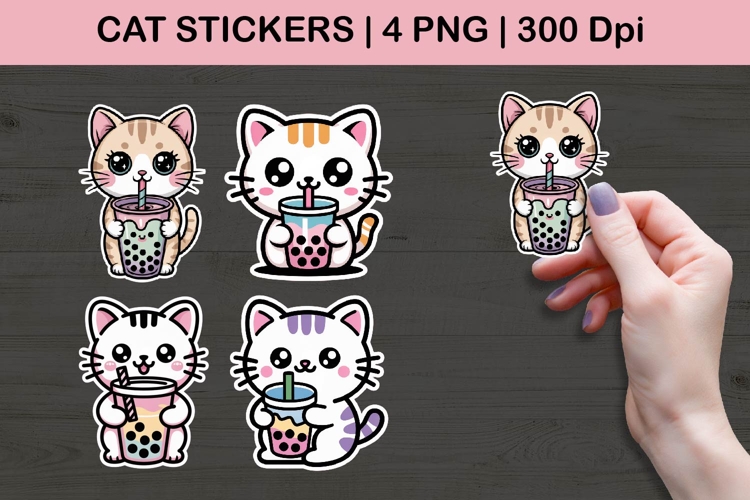 Cute Cat Boba Tea Sticker Illustrations | 4 PNG